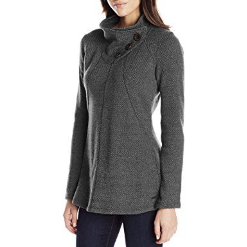 Prana Ebba Tunic Sweater Asymmetrical Button Collar Textured Wool Knit Gray S